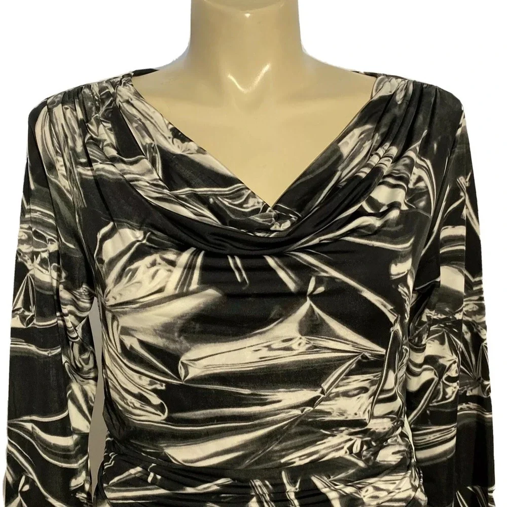 Carmen Marc Valvo Top XL Black Gray Off White Abstract Drape Jersey Blouse NICE - Picture 2 of 6